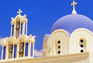 Blue and white bell tower and dome, Christian church, Akrotiri, Santorini (Thira), Cycaldes islands, Greece, Mediterranean, Europe