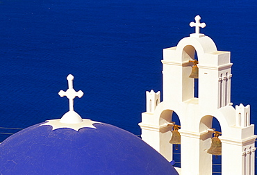 Dome and bell tower of St. Gerasimos Christian church, Thira, Santorini (Thira), Cyclades islands, Mediterranean, Europe