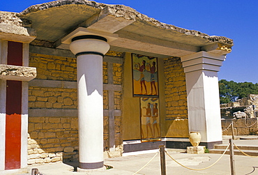 Palace ruins with mural paintings, Corridor of the Procession, Minoan archaeological site of Knossos, island of Crete, Greece, Mediterranean, Europe