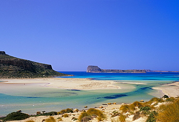 Sandy beach of Tigani and Agria islet and coast, Gramvousa peninsula, western Crete, island of Crete, Greece, Mediterranean, Europe