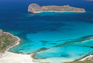 Aerial view of sandy beach of Tigani and Agria island, Gramvousa peninsula, western Crete, island of Crete, Greee, Mediterranean, Europe