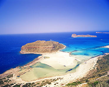 Aerial view of Gramvousa island and coastline, Gramvousa peninsula, western Crete, Greece, Mediterranean, Europe