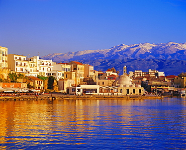 Hania seafront and Levka Ori (White Mountains) in the background, Hania, Crete, Greece