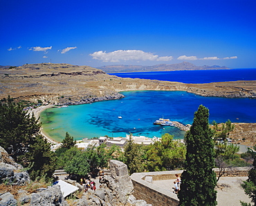 View of Lindos Bay from the Acropolis, Lindos, Rhodes, Dodecanese Islands, Greece
