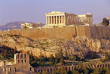 View of the Parthenon and the Acropolis seen from Filopappos Hill, Athens, Greece
