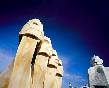 Gaudi architecture, chimneys, Casa Mila, La Pedrera, Barcelona, Catalonia (Cataluna) (Catalunya), Spain, Europe