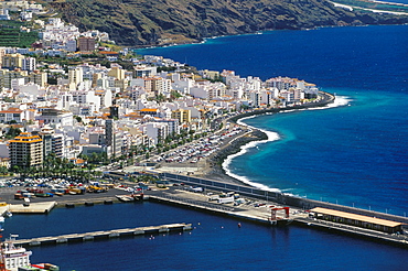 Aerial view of Santa Cruz de la Palma and harbour, Santa Cruz de la Palma, La Palma, Canary Islands, Spain, Atlantic, Europe