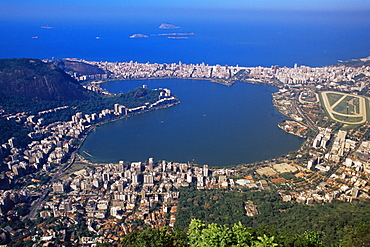 Aerial view of Lago Rodrigo de Freitas and the quarter of Ipanema, Rio de Janeiro, Brazil, South America