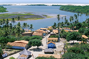 Aerial view of Mandacaru village, Parque Nacional dos Lencois Maranhenses, Brazil, South America