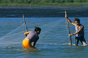 Women trapping fish with nets, Parque Nacional dos Lencois Maranhenses, near Atins, Lencois Maranhenses, Brazil, South America