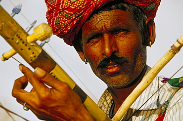 Portrait of a Rajasthani musician, Pushkar, Rajasthan state, India, Asia