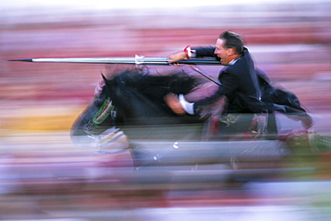 Rider speeding during the Medieval Games, festival celebrated on St. John's Day (Festa de Sant Joan), Ciutadella, Minorca (Menorca), Balearic Islands, Spain, Europe