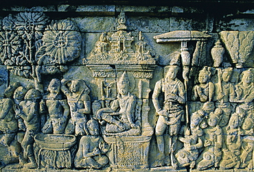 Carved frieze, 8th Century Buddhist site of Borobudur, Java, Indonesia