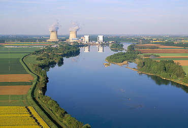 Aerial view of river and countryside near the nuclear power station of Saint Laurent-des-Eaux, Pays de Loire, France, Europe