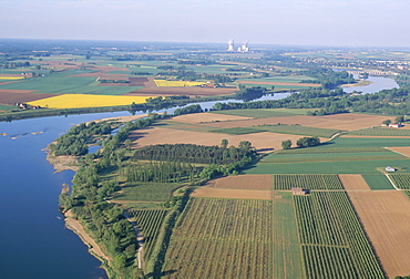 Aerial view of countryside near the nuclear power station of Saint Laurent-des-Eaux, Pays de Loire, France, Europe