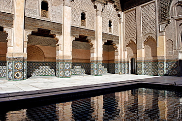 The Medersa Ben Youssef, the largest in Morocco, built by the Almoravide dynasty and then rebuilt in the 19th century, richly decorated in marble, carved wood and plasterwork, Medina, Marrakesh, Morroco, North Africa, Africa