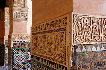 The Medersa Ben Youssef, the largest in Morocco, built by the Almoravide dynasty and then rebuilt in the 19th century, richly decorated in marble, carved wood and plasterwork, Medina, Marrakesh, Morroco, North Africa, Africa