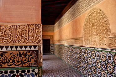 The Medersa Ben Youssef, the largest in Morocco, built by the Almoravide dynasty and then rebuilt in the 19th century, richly decorated in marble, carved wood and plasterwork, Medina, Marrakesh, Morroco, North Africa, Africa