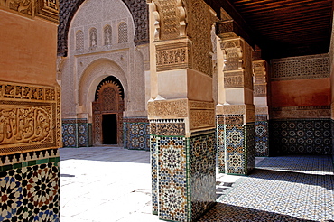 The Medersa Ben Youssef, the largest in Morocco, built by the Almoravide dynasty and then rebuilt in the 19th century, richly decorated in marble, carved wood and plasterwork, Medina, Marrakesh, Morroco, North Africa, Africa