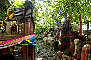 Formerly built to re-house the spirit from the ficus tree, donations of phallic symbols have resulted in the shrine being dedicated to fertility, Chao Mae Tuptim (Shrine of the Goddess Tuptim), Bangkok, Thailand, Southeast Asia, Asia