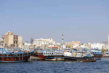 Trading dhows on the docks of Dubai Creek, Deira, Dubai, United Arab Emirates, Middle East