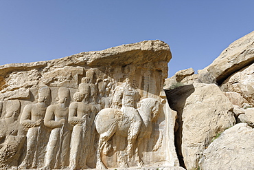 Parade of Shapur I, Naqsh-e Rajab, four Sassanid bas-reliefs of the third century, Region of Persepolis, Iran, Middle East