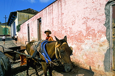 Horse-drawn cart in street of the colonial city, Trinidad, Sancti Spiritus region, Cuba, West Indies, Central America