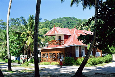 Large house in village, west coast, island of La Digue, Seychelles, Indian Ocean, Africa