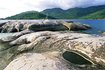 Rocks on coast, Ile Therese (Therese island), northwest coast, island of Mahe, Seychelles, Indian Ocean, Africa