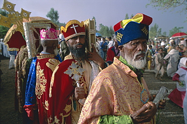 Portrait of men in procession during the Christian festival of Rameaux, Axoum (Axum), Tigre region, Ethiopia, Africa