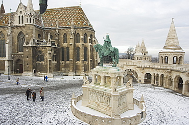 Snow on St. Stephen's statue, Castle Hill area, Budapest, Hungary, Europe