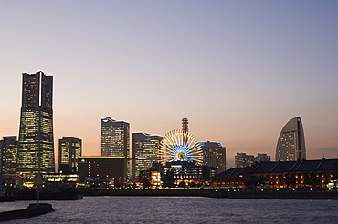 Landmark tower and big wheel at night, Minato Mirai, Yokohama, Japan, Asia