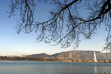 View of Mont Blanc, city harbour, water fountain Lake Geneva, Geneva, Switzerland, Europe
