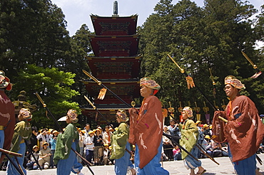 Parade of Nikko Spring Festival, five storey pagoda at Toshogu Shrine, Nikko, Tochigi prefecture, Japan, Asia