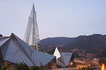 Caldea Hot Spring Complex lit up in the evening, Andorra La Vella, Andorra, Europe