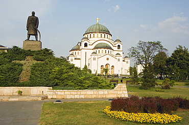 Monument in front of St. Sava Orthodox church dating from 1935, the biggest Orthodox church in the world, Belgrade, Serbia, Europe