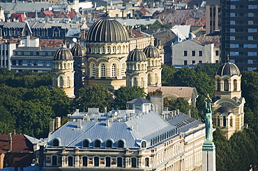 Aerial view of the Russian Orthodox Church, 1884, and Freedom Monument, Riga, Latvia, Baltic States, Europe