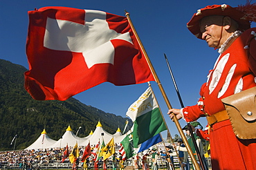 Flag throwing (Fachnenschwingen), Unspunnen Bicentenary festival, Interlaken, Jungfrau region, Switzerland, Europe