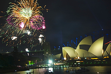 New Years Eve 2006, 75th Diamond Anniversary Firework Celebrations, Opera House and boats in Sydney Harbour, Sydney, New South Wales, Australia, Pacific