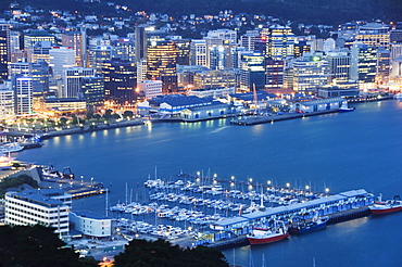 Panoramic city centre view at night overlooking Oriental Bay and Wellington Harbour, Wellington, North Island, New Zealand, Pacific