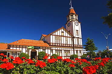 The Tourist Information Office Building and Mock Tudor Clock Tower, Rotorua, Taupo Volcanic Zone, North Island, New Zealand, Pacific