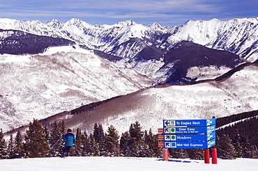 A trail marker below the Gore mountains at Vail Ski Resort, Vail, Colorado, United States of America, North America