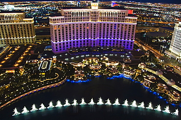 Aerial view of Belagio Hotel Casino on the Strip, the world's largest five star hotel and Aquatic water show, Las Vegas, Nevada, United States of America