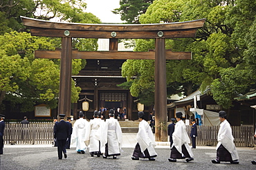 Procession of temple priests on Culture Day Holiday at Meiji Shrine dedicated to Emperor Meiji in 1920, Harajuku District, Tokyo, Honshu Island, Japan, Asia