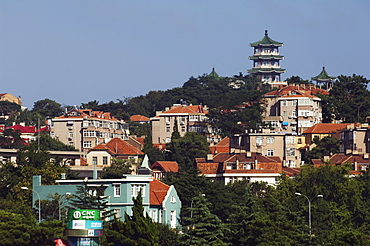 German architecture and Chinese pagoda in Qingdao, host of the sailing events of the 2008 Olympic Games, Shandong Province, China, Asia