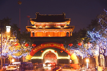 Illuminated City Gate and watch tower, Qufu City, UNESCO World Heritage Site, Shandong Province, China, Asia