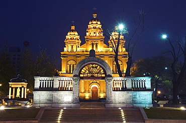 St Josephs Church (the East Church), built in 1655 during the reign of Shunzhi illuminated on Wanfujing Shopping Street, Beijing, China, Asia