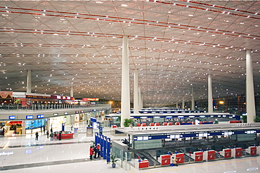 Check-in counters at Beijing Capital Airport, part of new Terminal 3 building opened February 2008, second largest building in the world, Beijing, China, Asia