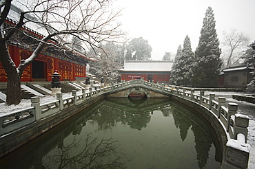 A temple covered in snow after a winter snowfall, Fragrant Hills Park, Western Hills, Beijing, China, Asia