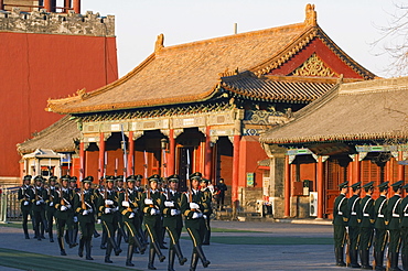 Military soldiers drill marching outside the Forbidden City Palace Museum, UNESCO World Heritage Site, Beijing, China, Asia